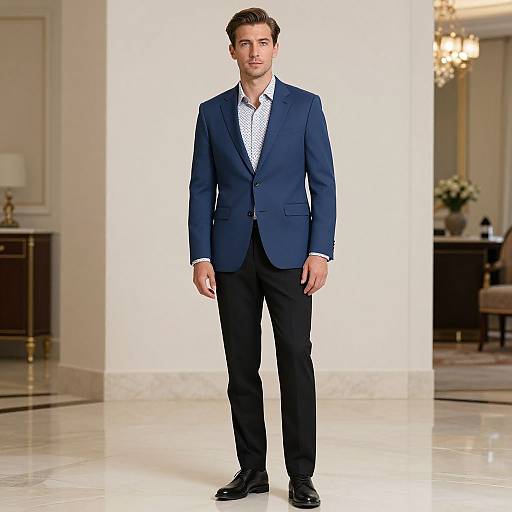 Photograph of a handsome, young Caucasian man with short brown hair, wearing a navy blazer, white polka-dot shirt, and black pants,