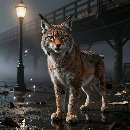 Digital artwork of a vigilant lynx standing on a wet, reflective street at night, illuminated by a glowing street lamp. Background features a foggy,