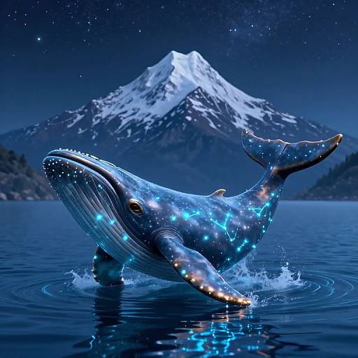 Photorealistic CGI of a glowing blue whale with star-like bioluminescence, splashing in a serene night-time ocean, with a snow-c