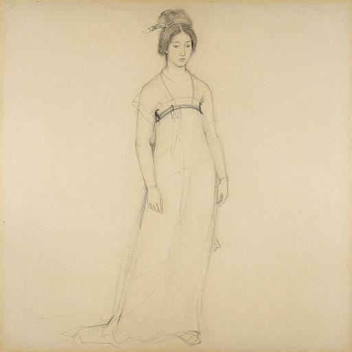 Pencil sketch of a young woman with a serene expression, wearing a flowing, off-shoulder dress, standing against a plain background.
