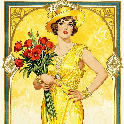 Vintage-style digital illustration of a fair-skinned woman in a yellow dress and hat, holding a bouquet of red flowers, set against a radiant yellow background