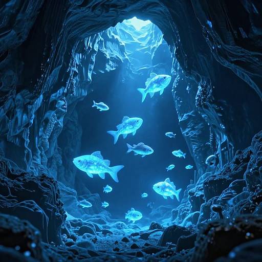 Photograph of glowing blue jellyfish swimming through a dark, cavernous underwater cave illuminated by bright, ethereal blue light from above.