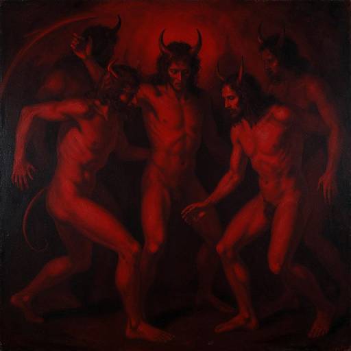 Digital painting of four naked, red-illuminated demons with horns, muscular builds, and dark, shadowy backgrounds, standing in a dynamic,