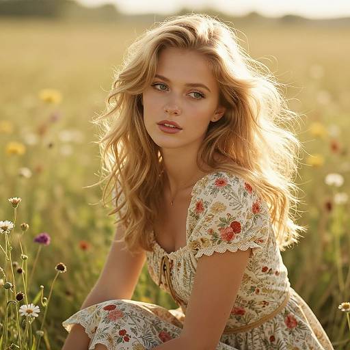 Strawberry Blonde Model in Sunlit Field