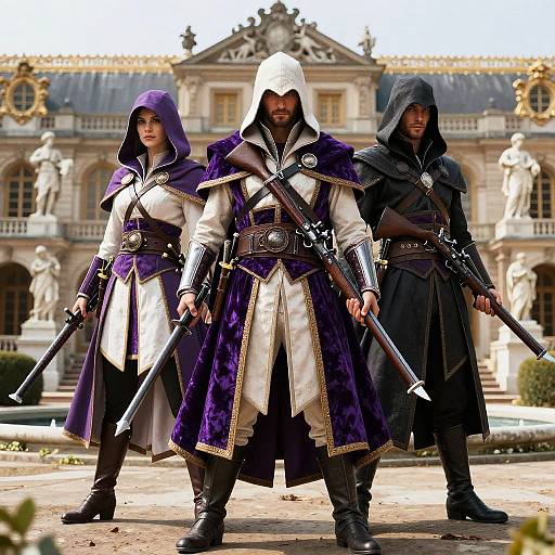 Photorealistic CGI of three hooded warriors in purple and white robes, holding rifles, standing before an ornate French chateau with statues.