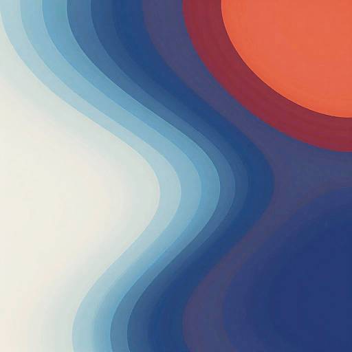 Abstract digital art: Wavy blue and red gradient stripes on a white background, with a vibrant red circle in the top right corner.
