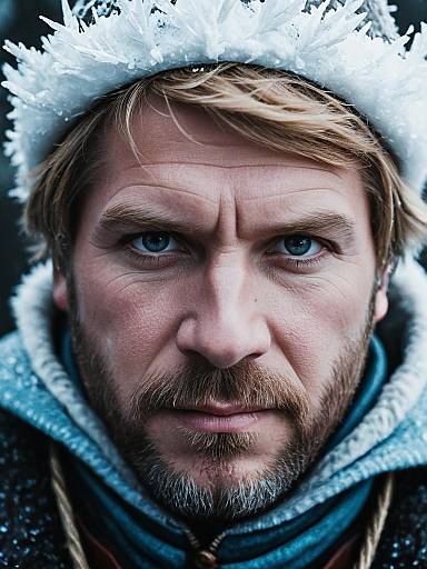 Close-up photograph of a bearded man with blue eyes, wearing a white, fluffy winter hat and a blue hooded jacket, against a dark background