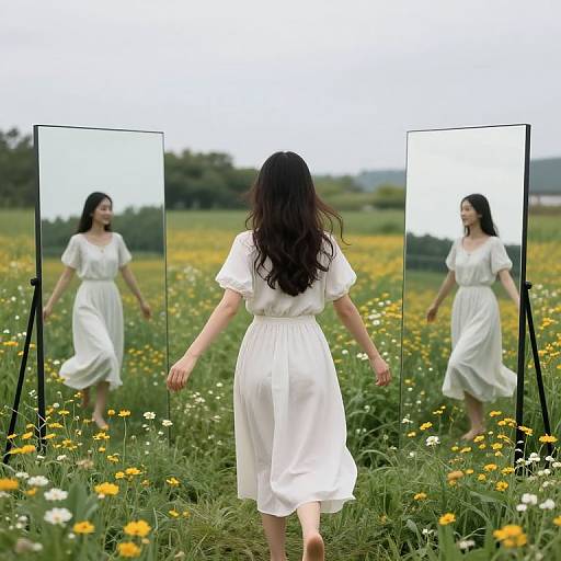Photograph of a woman with long dark hair, wearing a white dress, walking through a field of yellow and white flowers, reflected in two mirrors,