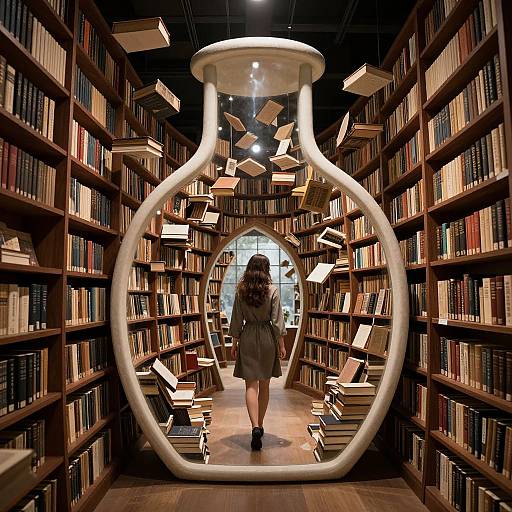 Photograph of a woman in a brown dress, with long wavy hair, walking down a library aisle framed by a large white circular structure, surrounded