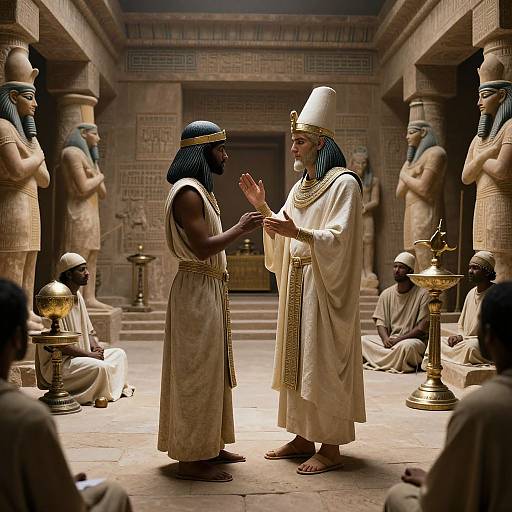 Photograph of an ancient Egyptian scene: a bearded priest in white robes and headdress blesses a dark-skinned woman in similar attire, surrounded