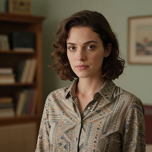 Photograph of a young woman with wavy brown hair, wearing a patterned button-up shirt, standing in a book-filled room.