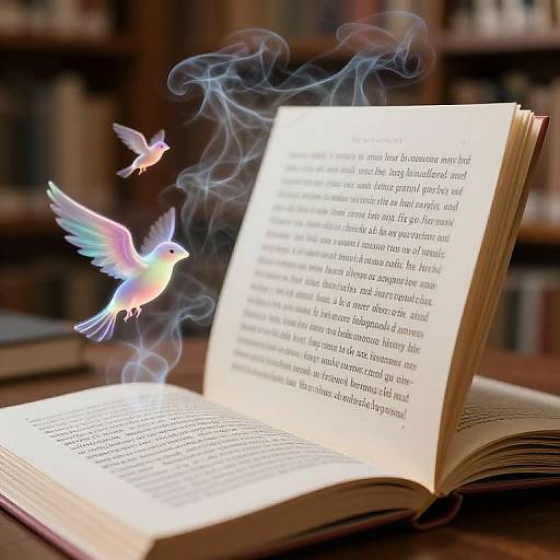 Photograph of an open book with text, two glowing, rainbow-colored birds flying above, surrounded by ethereal blue smoke, set in a blurred library