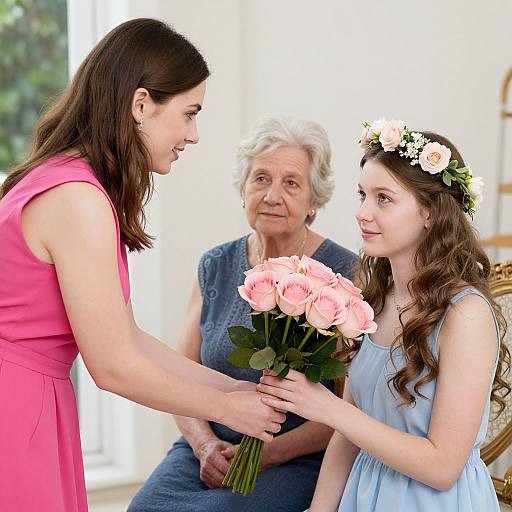 Photograph of a woman in pink dress handing pink roses to a young girl in blue dress with flower crown, elderly woman in blue seated behind them.
