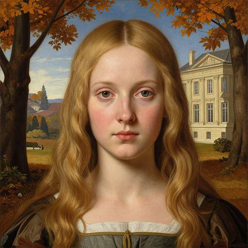 Digital portrait of a pale-skinned, red-haired girl with wavy hair, set against a autumnal landscape with a grand mansion and trees.
