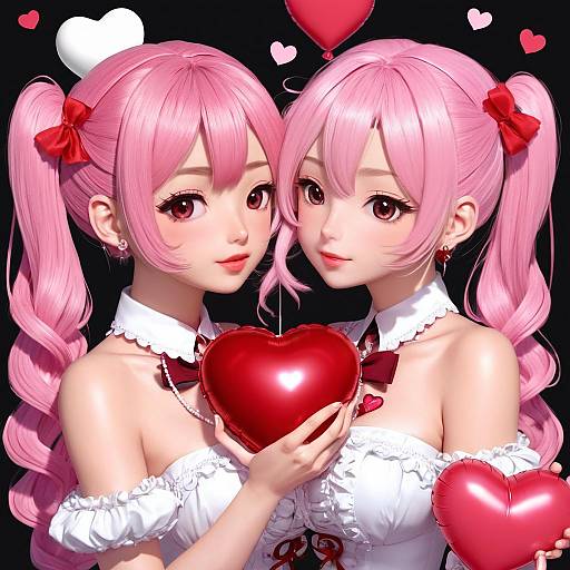 Digital anime artwork of two identical, pink-haired girls with twin ponytails, wearing white off-shoulder dresses, holding a red heart, surrounded by