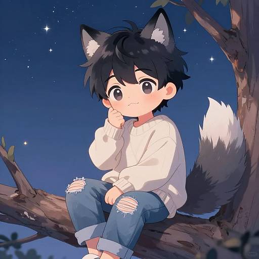 Anime-style digital illustration of a cute, black-haired boy with wolf ears and tail, wearing a white sweater and ripped jeans, sitting on a tree branch