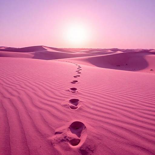 Photograph of pink-hued desert sand dunes at sunset, with a trail of footprints leading to the bright, glowing sun on the horizon.