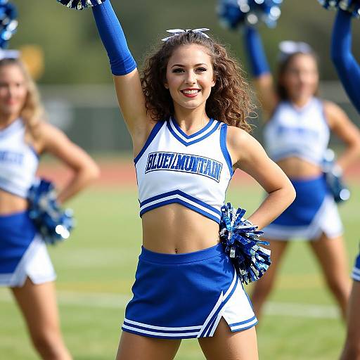 Photograph of a smiling, curly-haired cheerleader in blue and white uniform, mid-cheer with pom-poms, surrounded by blurred teammates on