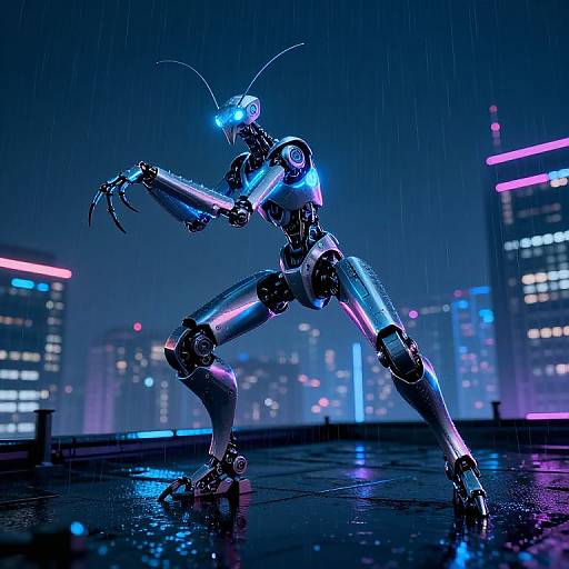 Neon-lit cybernetic robot with glowing blue and pink accents, crouching on a rainy rooftop at night, surrounded by illuminated skyscrap