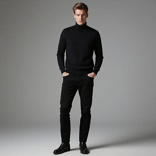 Photograph of a tall, slim Caucasian man with short brown hair, wearing a black turtleneck, black pants, and black shoes, standing against