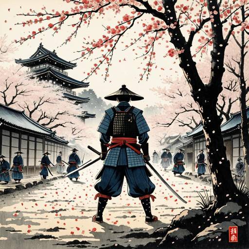 Solemn Samurai in Cherry Blossom Grove