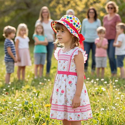 Photograph of a young girl in a white floral dress and polka dot sunhat standing in a sunlit meadow, surrounded by blurred adults and