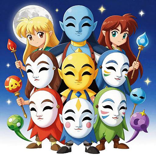 Colorful anime-style illustration of six fantasy characters with masks holding magical wands, standing in front of a glowing full moon.