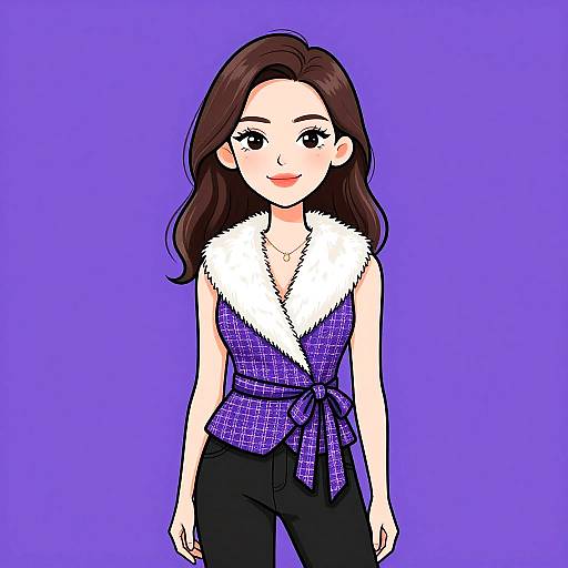 Digital anime-style drawing of a smiling woman with long brown hair, wearing a purple sleeveless top with white fur collar, black pants, against a solid