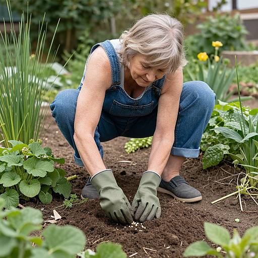Photograph of a middle-aged woman with short blonde hair, wearing blue overalls and green gloves, crouching in a lush garden, planting seeds