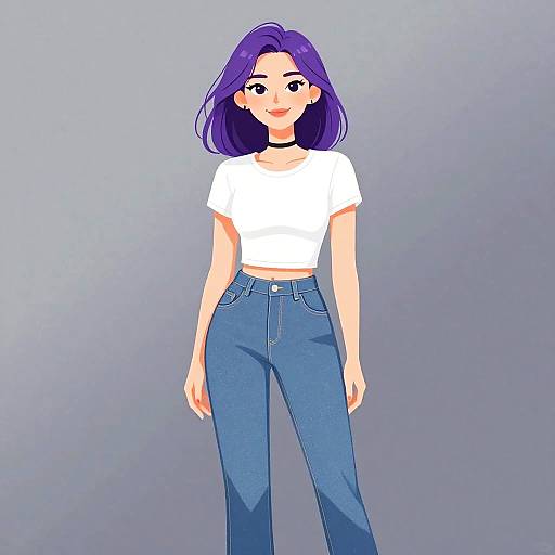 Digital anime-style drawing of a young woman with purple hair, wearing a white crop top and blue high-waisted jeans, standing against a gradient gray