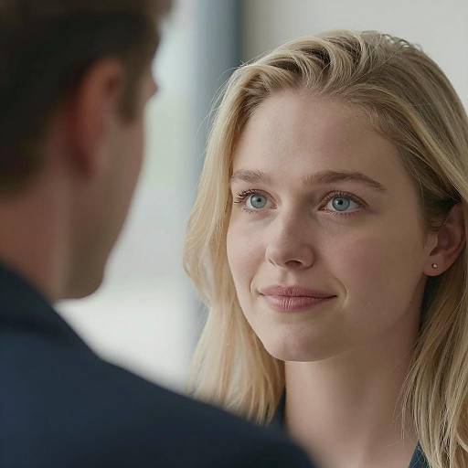 Close-up of blonde woman smiling at man