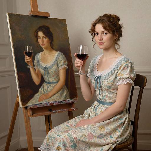 Photograph of a young woman with fair skin and brown hair in a floral dress, holding a wine glass, seated beside a painted portrait of herself on