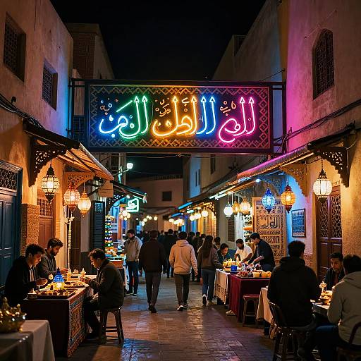 Night Scene of Moroccan Medina Street with Neon Arabic Calligraphy