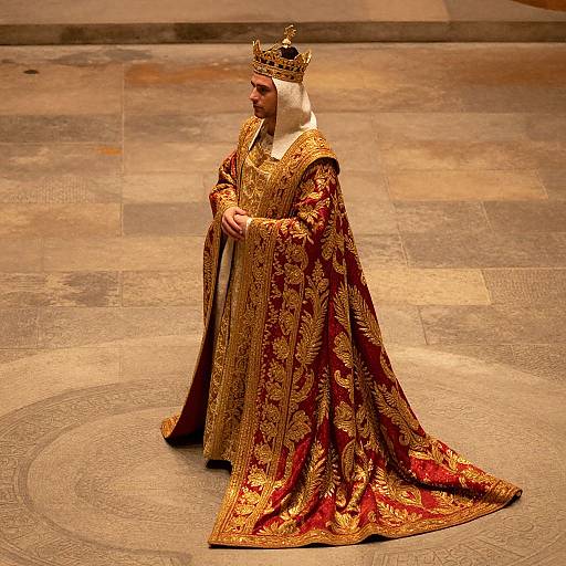 Photograph of a regal woman in an elaborate gold and red embroidered royal gown, white veil, and gold crown, standing on a stone courtyard.