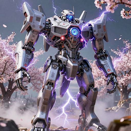 Digital artwork of a towering, metallic robot with glowing blue and red eyes, emitting purple lightning, standing amidst cherry blossom trees.