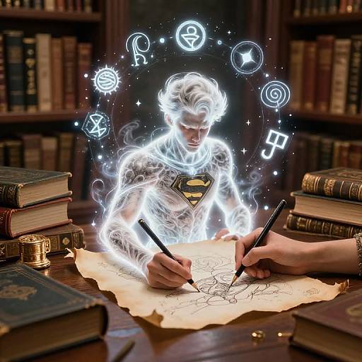 Photograph of a glowing Superman sketching on parchment, surrounded by magical symbols, in a dimly lit, book-filled library.