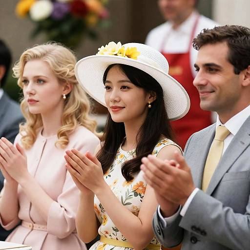 Cheerful Trio in Flower-filled Setting