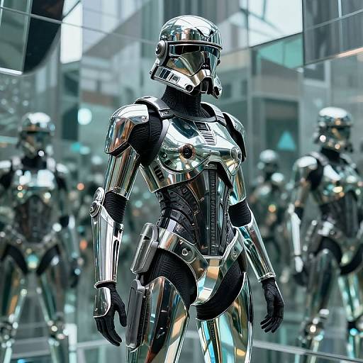 Photograph of a shiny, reflective, futuristic robot soldier with metallic armor and helmet, standing in a modern, glass-walled exhibit. Multiple blurred reflections