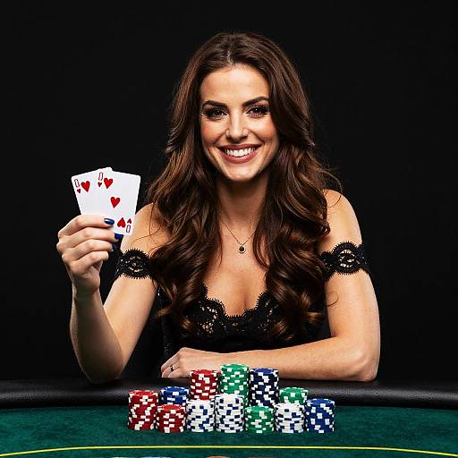 Photograph of a smiling brunette woman with long wavy hair, wearing a black lace off-shoulder top, holding a royal flush card, and