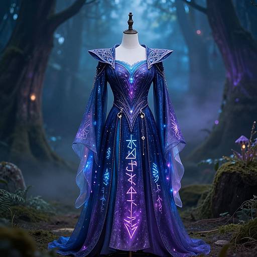 Digital art of a glowing, ethereal, blue and purple wizard dress with neon runes and star patterns, displayed on a mannequin in a mystical