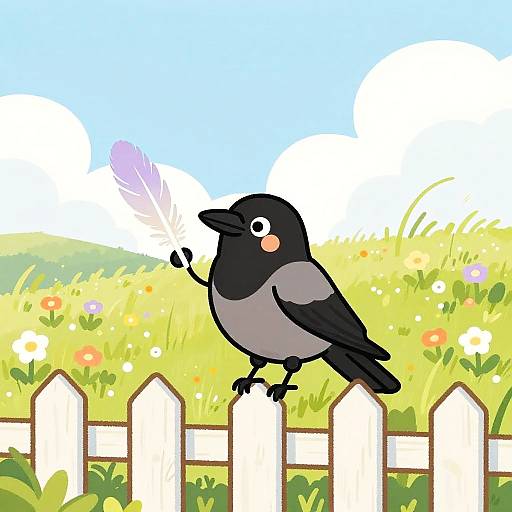 Cartoon black and grey crow on white picket fence, holding purple feather, against bright blue sky with fluffy clouds and colorful meadow.