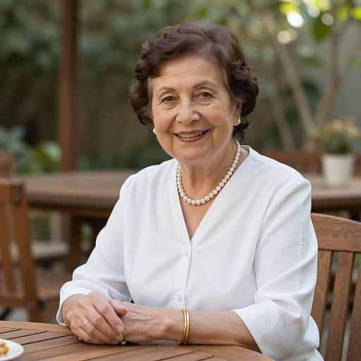 Photograph of smiling elderly woman with short dark hair, wearing white blouse, pearl necklace, gold bracelet, seated at wooden outdoor table.
