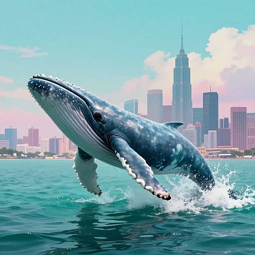 Photorealistic CGI of a massive blue whale leaping from turquoise ocean towards a brightly lit, modern city skyline with the Empire State Building in the background