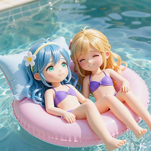 Digital anime-style image of two cute, young girls with blue and blonde hair, wearing purple bikinis, lounging on a pink inflatable in a bright