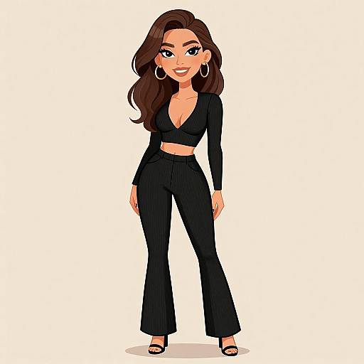 Digital cartoon of a confident woman with long brown hair, wearing a black crop top, high-waisted pants, and hoop earrings. She stands with