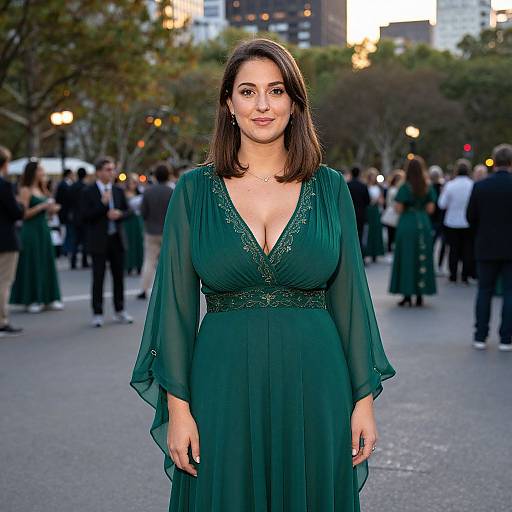 Photograph of a curvy woman with fair skin and shoulder-length brown hair, wearing a deep green, V-neck, long-sleeve dress,