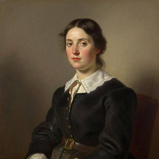 Photograph-style painting of a young Caucasian woman with pale skin, dark brown hair in a bun, wearing a black dress with white lace collar and gold