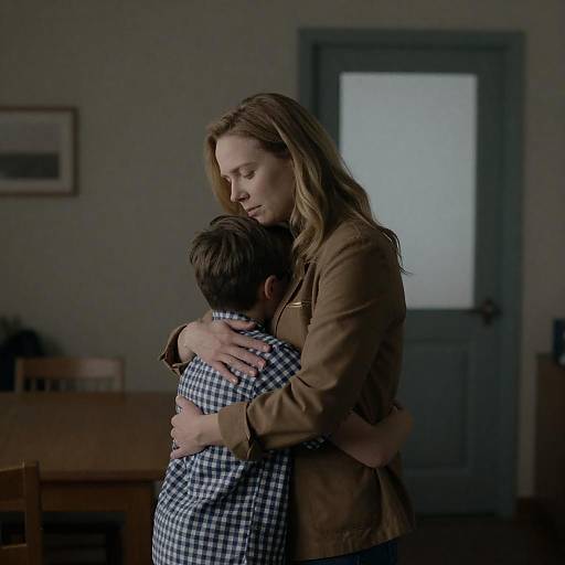 Mother Hugging Son in Dimly Lit Room