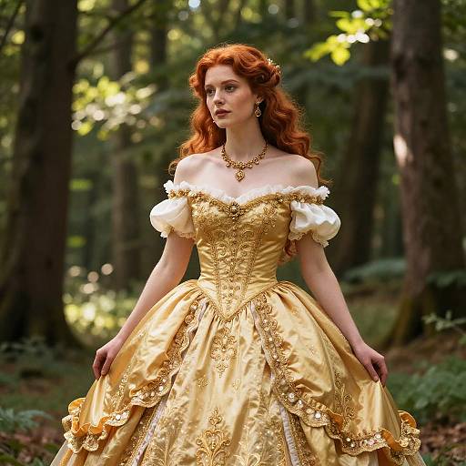 Photograph of a fair-skinned, red-haired woman in an elaborate, off-the-shoulder, gold satin ball gown with white puffed sleeves