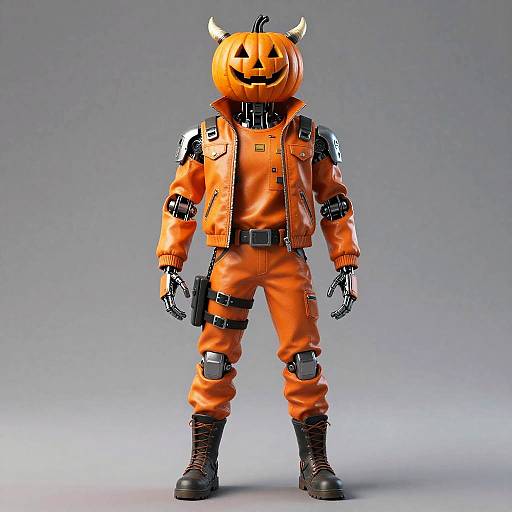 Photorealistic CGI of a humanoid figure with a pumpkin head, orange jumpsuit, black straps, gloves, and boots, standing against a gray background